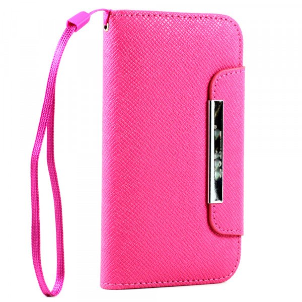 Wholesale LG Optimus L70 Flip Leather Wallet Case with Strap (Hot Pink)